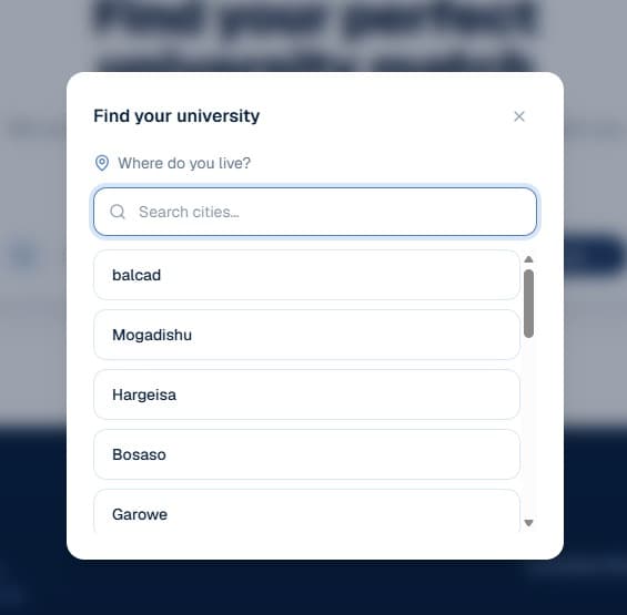 Choosing a city in the Find Your University quiz